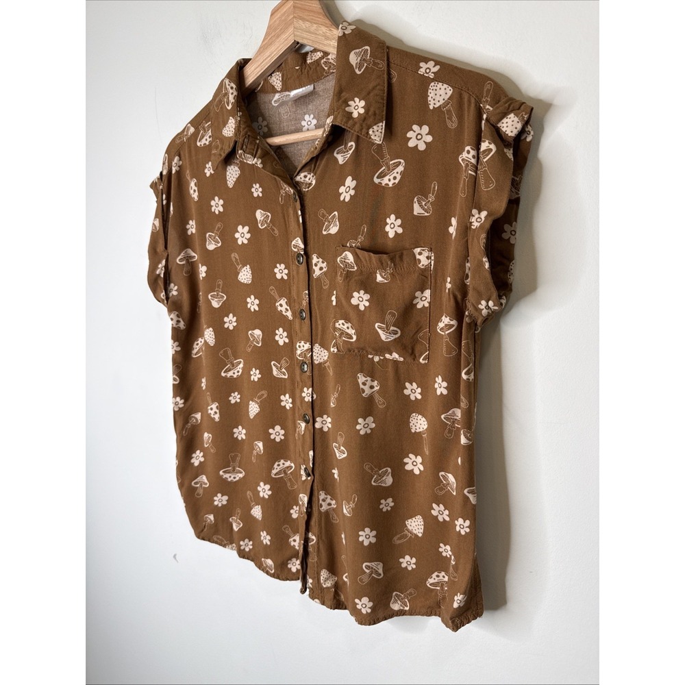 No Boundaries Mushroom Woven Button-Up Blouse Collared Top Hippie Brown Womens S